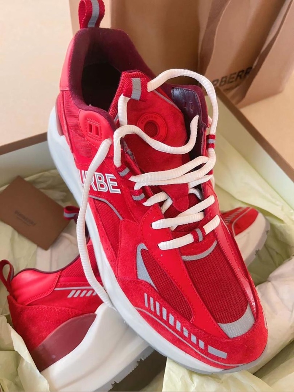 Burberry Red Suede & Mesh Athletic Sneakers with White Laces